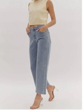 Entro Pearl Detail Cropped Wide Leg Jeans Size Small NWT Boutique Denim
